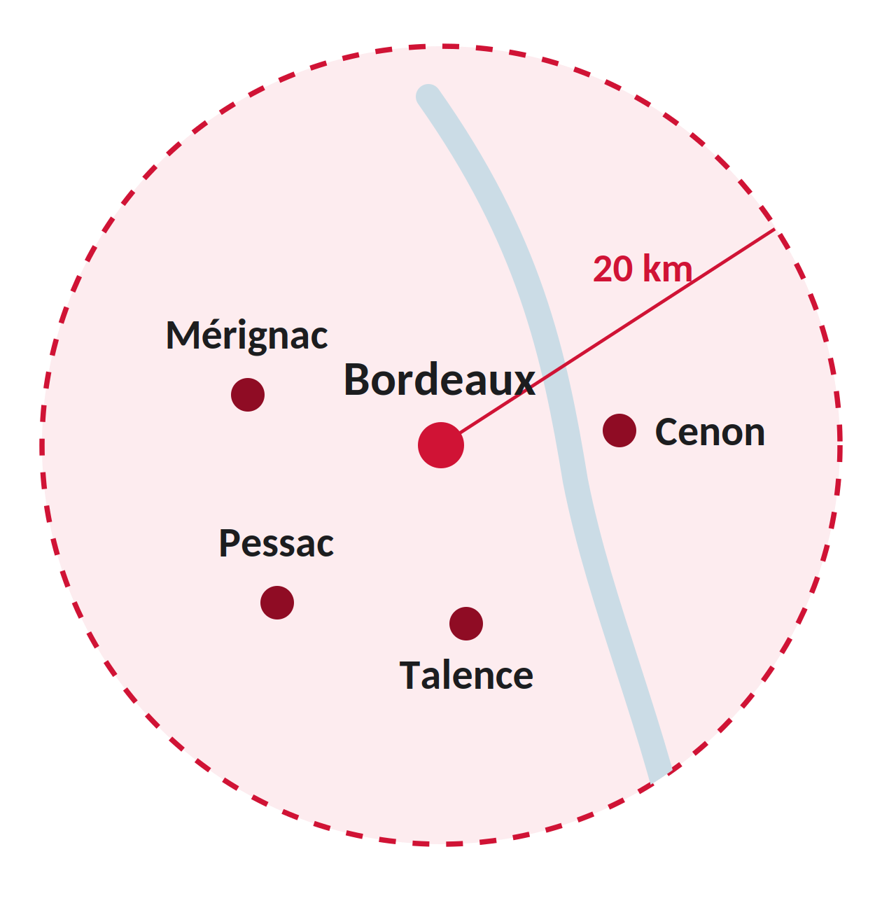 Carte de la zone d'intervention : Bordeaux et 20 km aux alentours